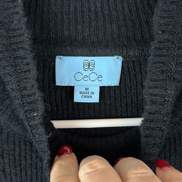 Cece Mock Neck Black and White Stripe Puff Flounce Sleeve Sweater - Picture 8 of 9